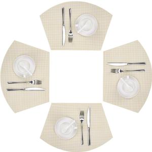 SHACOS Wedge Placemats Set of 4 Woven Vinyl Small Round Table Placemats Wipe Clean Table Mats for Round Dining Table Indoor Outdoor, Beige White