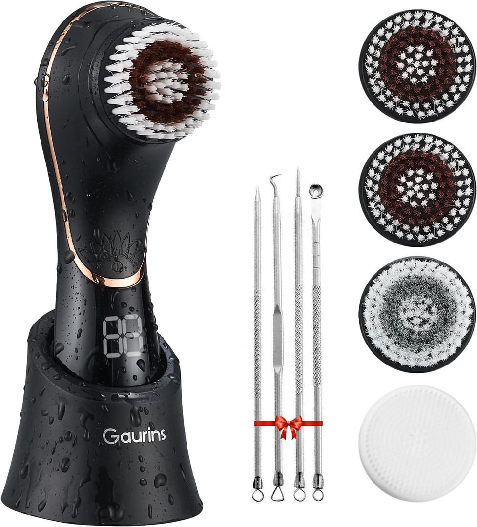 Facial Cleansing Brush Face Scrubber Exfoliator Rechargeable IPX7 Waterproof Electric Spin Cleanser Device for Exfoliating, Massaging and Deep Cleansing Removing Blackhead, Face Massaging (Black & Rose Gold)