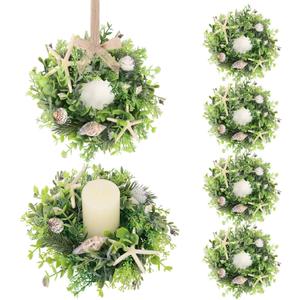 6 Pcs Seashell Starfish Candle Rings Wreaths Mini Spring Summer Candle Rings Wreaths Rustic Farmhouse Wreath with Shell Conch Starfish for Wedding Party All Seasons Home Table Decoration