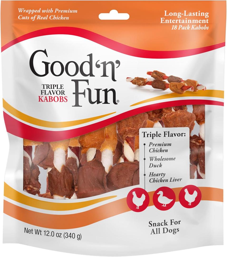 Good n Fun Triple Flavor Kabobs Chews for All Dogs, 18 Count, Treat Your Dog to Chews Made from Beef Hide, Real Chicken, Pork Hide, Duck and Chicken Liver