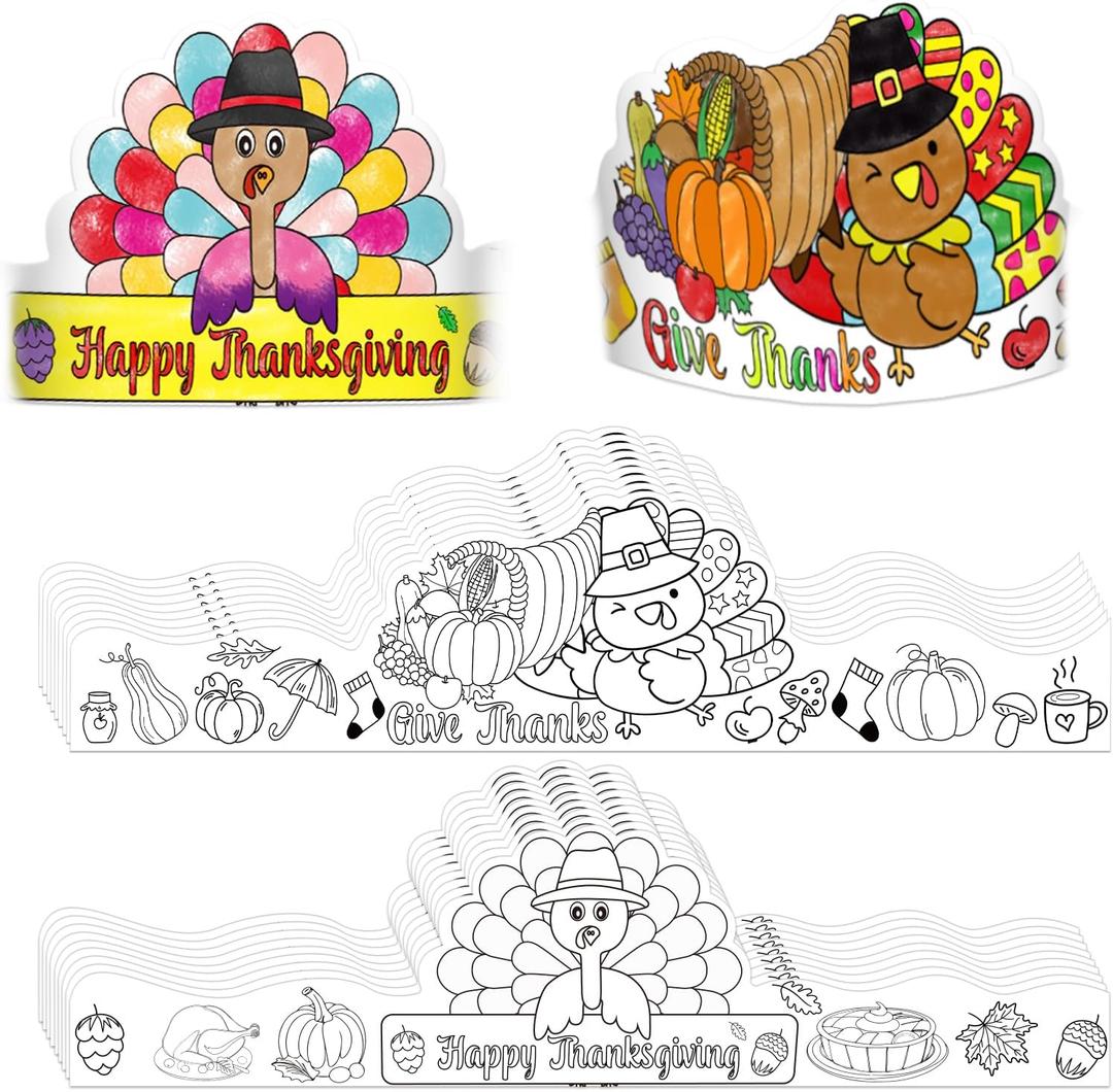 Thanksgiving Coloring Turkey Crowns Hats 24PCS Fall Thanksgiving Turkey Headbands Crafts for Kids