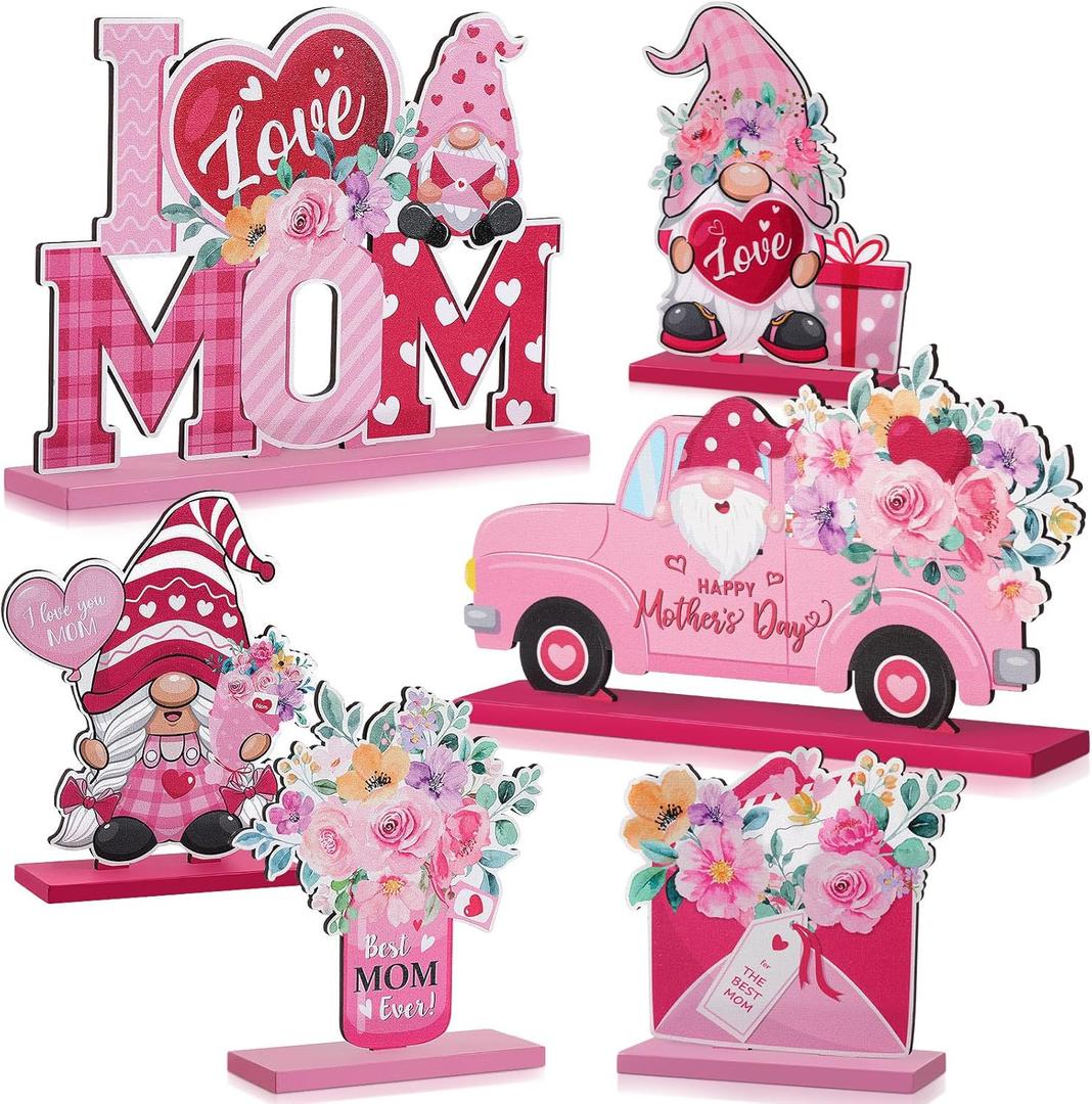 Blosssound 6 Pcs Mother's Day Wooden Centerpieces Table Decorations Happy Mother's Day Table Topper Signs Wood Table Centerpieces for Mother's Day Party Gift Dinner Table Home Decor (Pink Red)