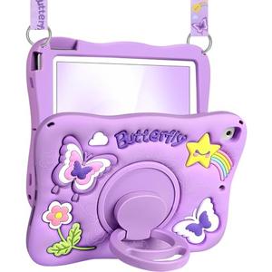 Kidcube for iPad 5th/6th Generation Case, for iPad Air 1st/2nd Gen, for iPad Pro 9.7 Inch Case - Girls Cute Kawaii Girly 3D Purple Butterfly Design Cover with Rotating Stand & Strap Silicone Women