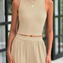 PRETTYGARDEN Spring Two Piece Sets For Women 2025 Ribbed Knit Crew Neck Sleeveless Tank Tops Wide Leg Pants Casual Lounge Set (S)