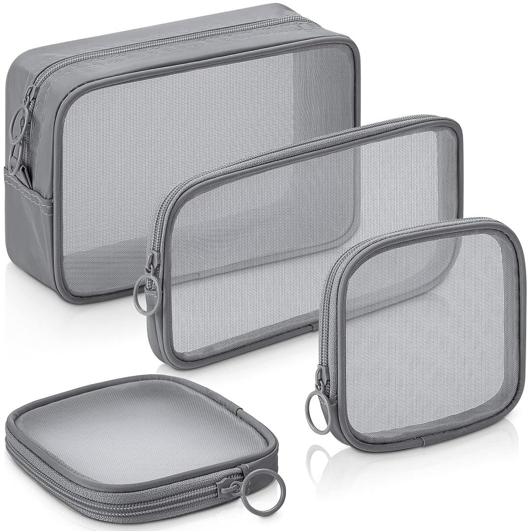 Weewooday 4 Pcs Mesh Makeup Bag Mesh Cosmetic Bag Travel Toiletry Pouch with Zipper Mini Makeup Cosmetic Purse for Daily Accessory(Small, Large, Medium,Gray)