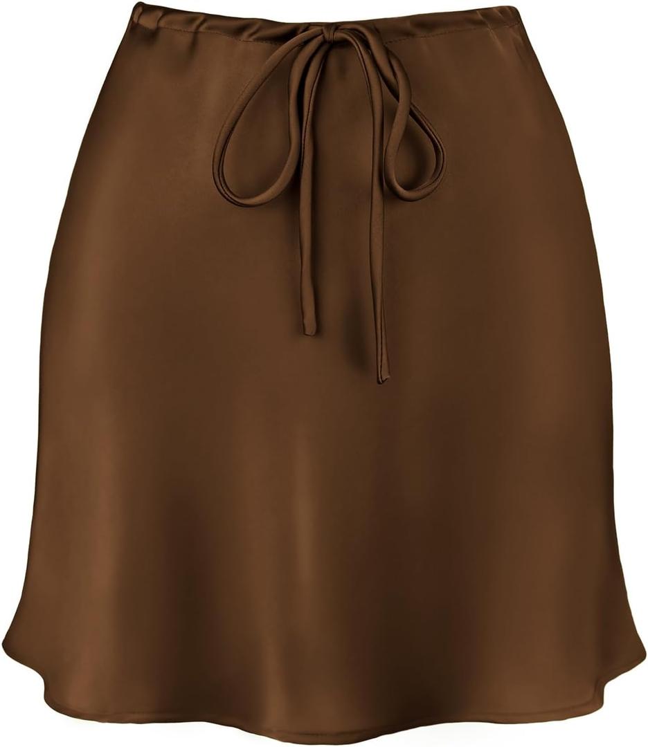 Women's Drawstring Satin Mini Skirt High Waisted Elegant Casual A-Line Flared Silk Short Skirts for Women (Brown) S