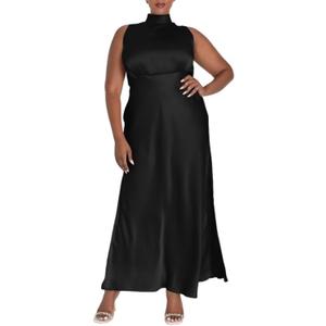 Summer Plus Size Mock Neck Satin Maxi Dress for Women 2024 Elegant Sleeveless Silk Dresses for Wedding Guest Cocktail (Black)