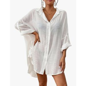 Bsubseach Linen Bathing Suit Cover Up Shirt Women Button Down Beach Cover Ups Split Tie Swimsuit Coverup Blouse , One Size, White 