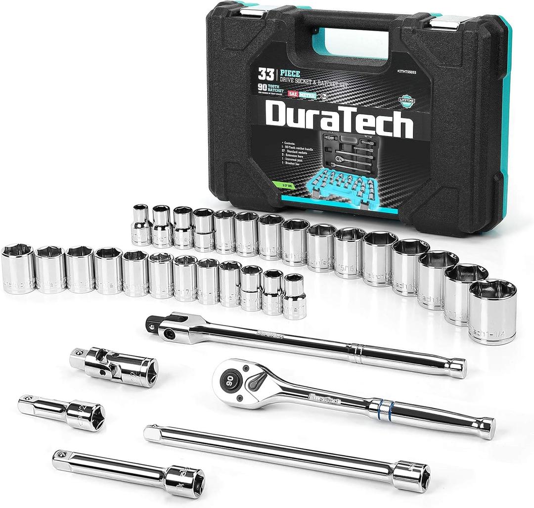 DURATECH 1/2" Drive Socket Set, 33-piece, Including Metric/SAE Sockets, 1/2-Inch Ratchet, Breaker Bar and Socket Adapters