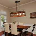 Rustic Farmhouse Wood Kitchen Island Lighting, 5 Lights Rectangular Pendant Light Fixture, Adjustable Rods Oak Wood and Metal Linear Chandelier for Kitchen Island Farmhouse Dining Room, Black, Large 5 lights