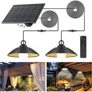 2 Pack Solar Pendant Lights Outdoor Indoor,3000K/4000K/5000K 4 Brightness Shed Light Remote Control, IP65 Waterproof, 300LM*2 LED Hanging Lamp for Chicken Coop Garden, Patio and Barn