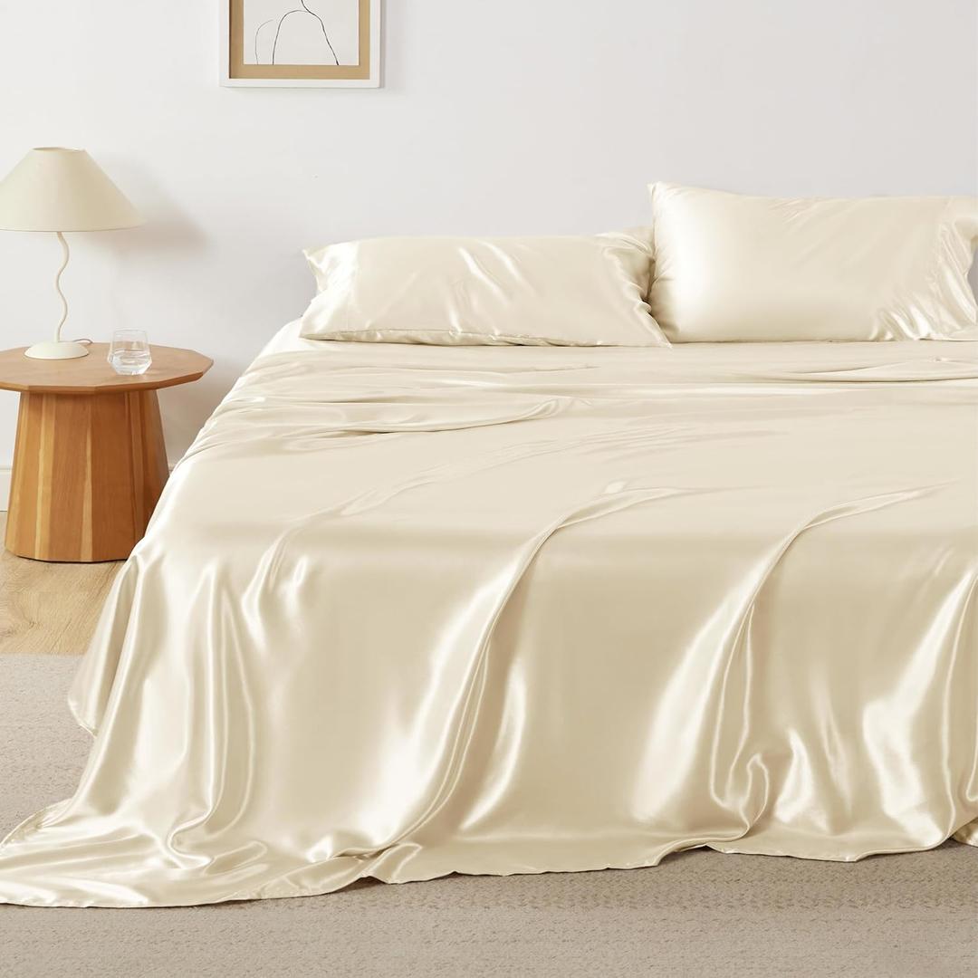 Bedsure Satin Sheets Full Size - 4 Piece Silky Bedsheets with 15 Inches Deep Pocket Fitted Bedsheet,1 Flat Sheet, 2 Satin Pillowcases, Good for Hair & Skin (Full, Cream)