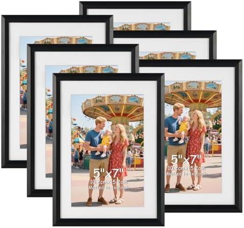 MEBRUDY 5x7 Picture Frame Set of 6, Display 4x6 Pictures With Mat or 5x7 Without Mat, Photo Frames for Tabletop or Wall, Black