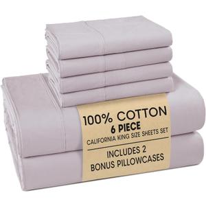Casa Platino 100% Cotton Cal King Size Sheets  Crisp Percale Sheets Cal King with 4 Pillowcases, with 15" Deep Pocket Sheet for Secure Fit, Ultra Soft & Cozy, Excellent Quality & Fit  Grey Lavender
