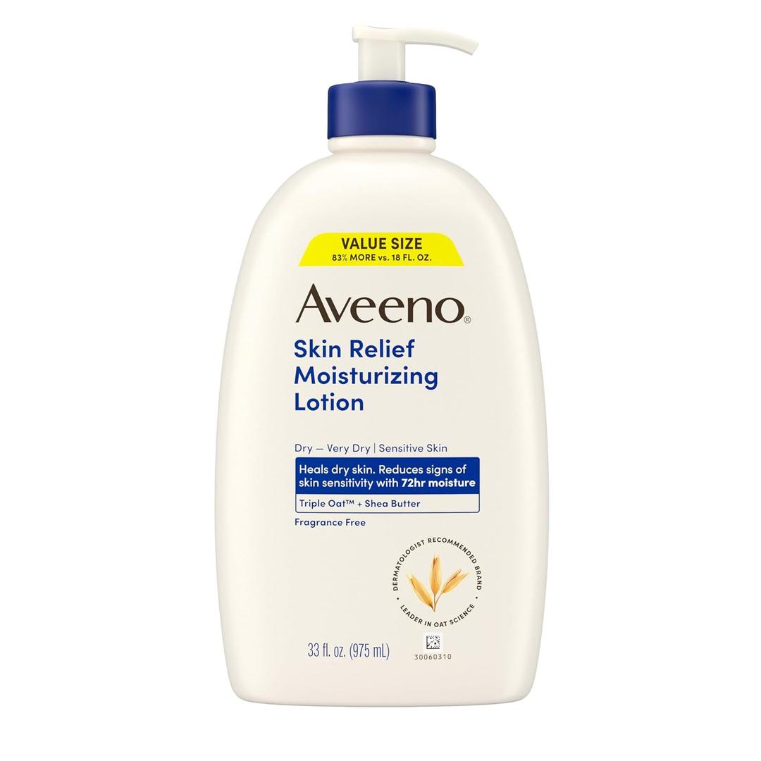 Aveeno Skin Relief Moisturizing Lotion Heals Very Dry, Sensitive Skin, Fast-Absorbing Body Lotion with Triple Oat & Shea Butter, Fragrance Free, Non-Comedogenic, Value Size, 33 fl. oz