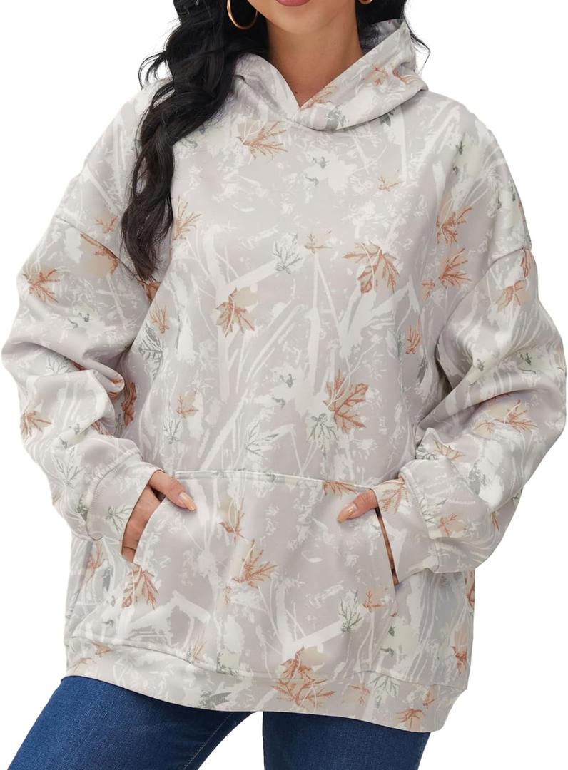 Eutten Womens Camo Hoodies Maple Leaf Print Oversized Hooded Sweatshirt Fleece Pullover Sweatshirts Long Sleeve with Pocket (Beige, M)