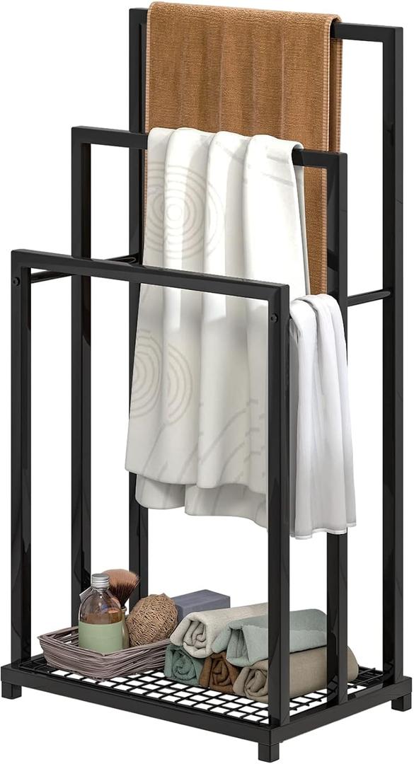 Elegant Home Products Freestanding Towel Rack Holder, 3 Tier Blanket Rack Stand with Metal Shelf for Bathroom Living Room Outdoor(3-Tiers, Black)