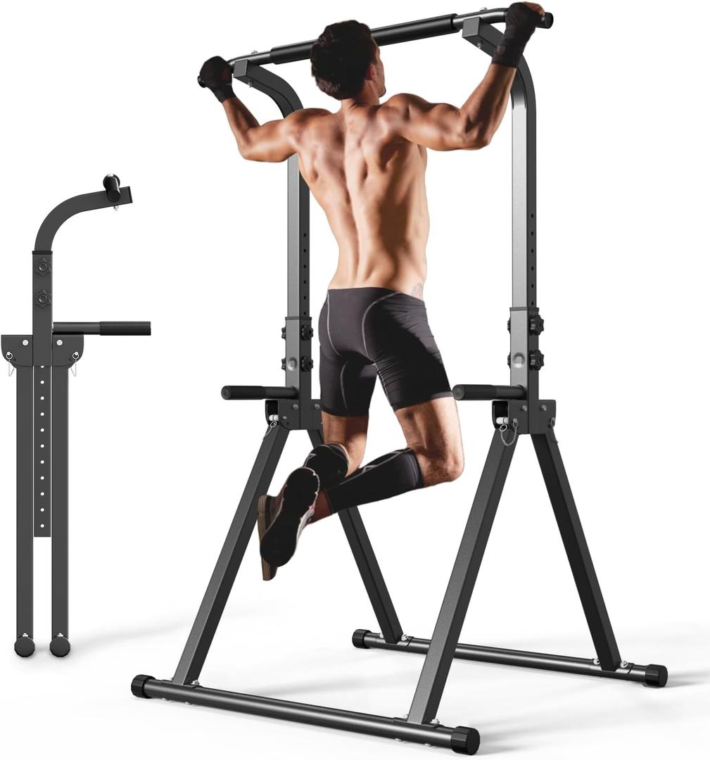 YYJO Foldable Pull Up Bar Free Standing Multi-function Power Tower Dip Bar with Assistance Bands Home Gym Strength Training Equipment
