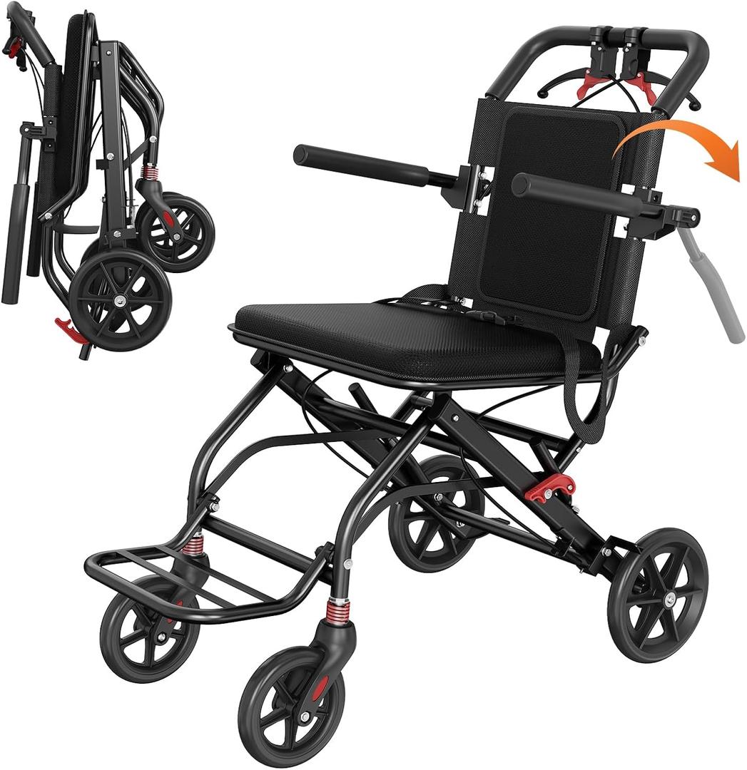 Lightweight Foldable Transport Wheelchair, Portable Travel Wheelchair with Handbrake for Adults & Seniors, Easy-Fold Design & Secure Locking Brakes Transfer Wheelchairs (Black)