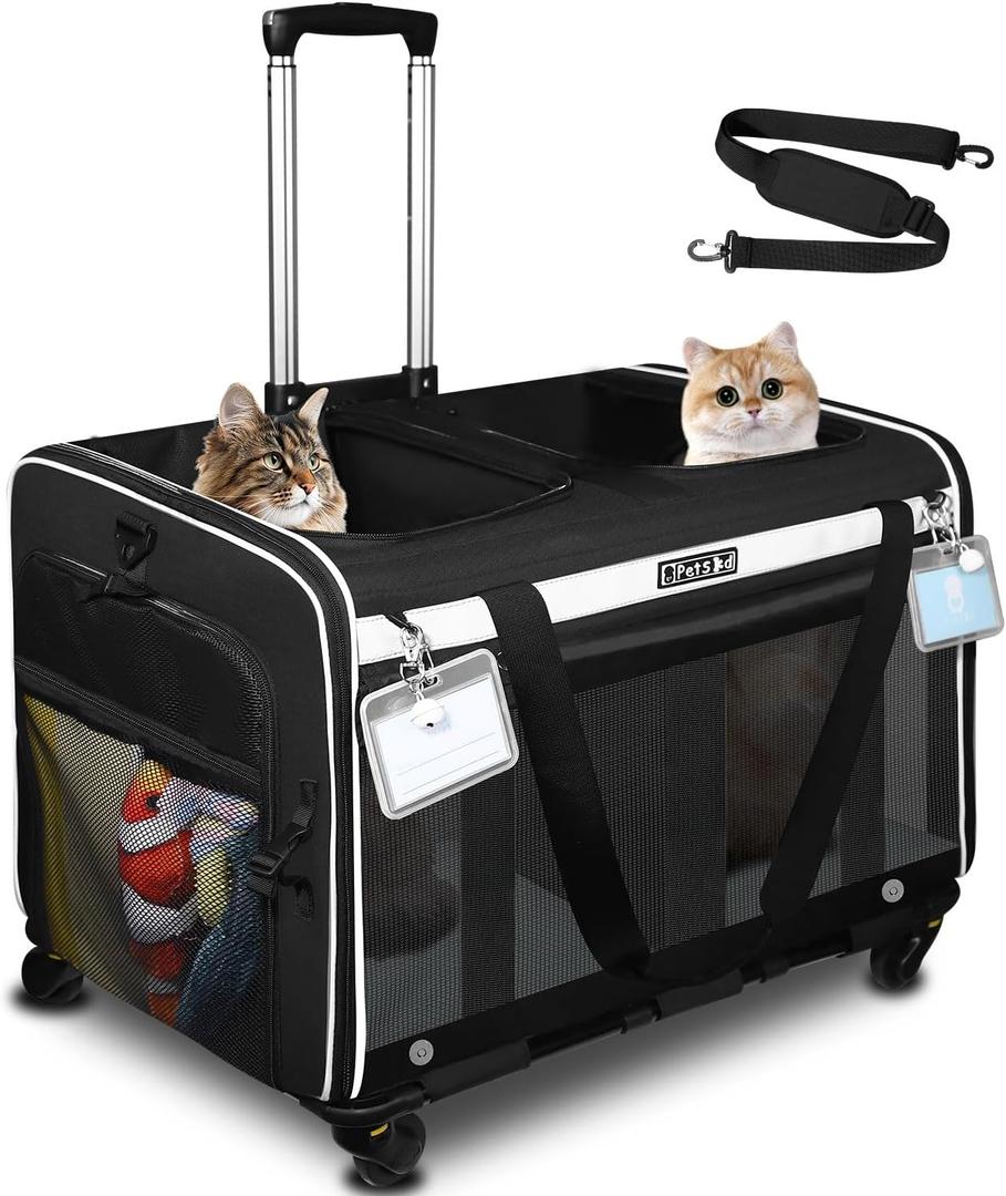 Petskd Large Rolling 2 Compartments Pet Carrier for 2 Cats or a Medium Dog, 24"X 17"X 15" Double Cat Carrier with Wheels and Locking Safety Zippers for Vet, Walk, Car Travel(Black)