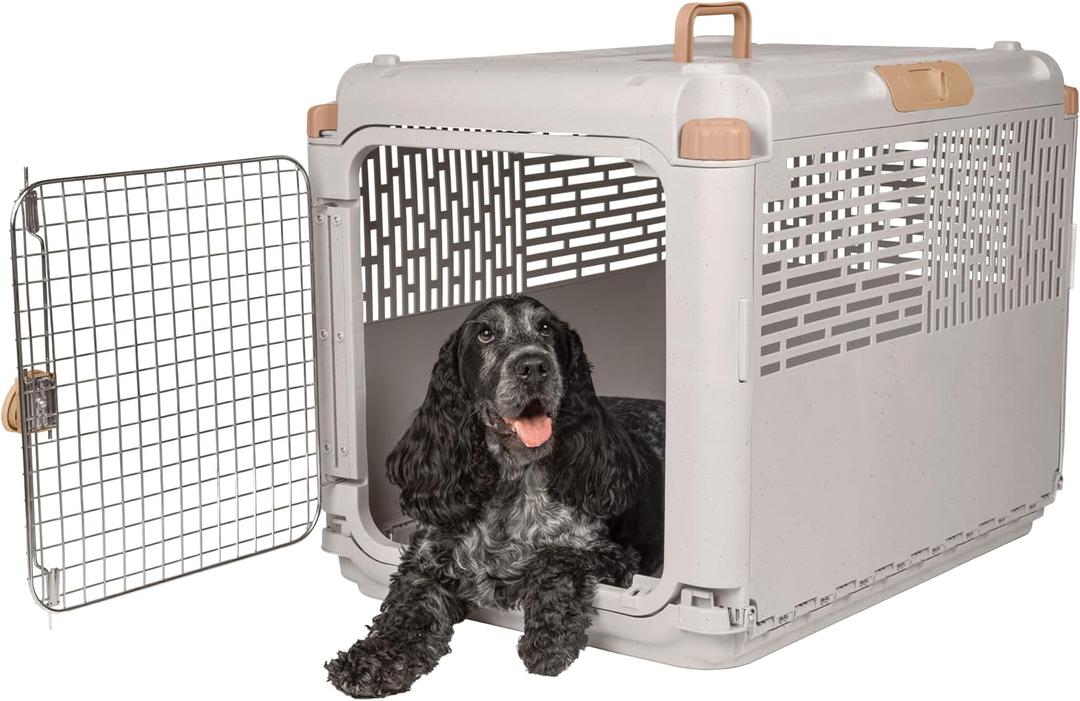 SportPet Designs Collapsible Medium Pet Travel Carrier (Tan), Hard-Sided Kennel for Medium Dogs, Puppies, Cats, Kittens, Animals up to 50lbs, Washable Home & Outdoor Pet Crate, 30.6"L x 22"W x 23.25"H