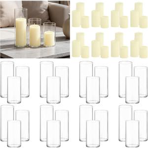 24-Pack Ivory Pillar Candles (2''X3,4,6) & 24-Pack Glass Cylinder Vases(2.6''X5,6,8),Hurricane Candles,Wedding Centerpiece Decor Set-Mixed Heights for Table, Proposal, Event.