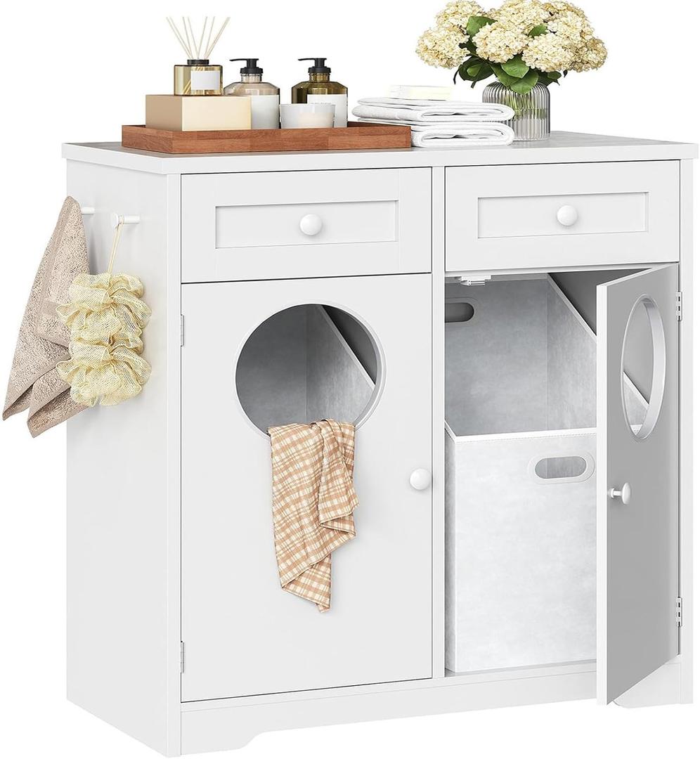 HOOBRO Double Laundry Hamper Cabinet, Hidden Laundry Cabinet with 2 Drawers & 2 Baskets, 20 Gallon Farmhouse Bathroom Laundry Hamper with 2 Clothes-Toss Holes, White WT36XY01, 14.2"d X 28.5"w X 31.9"h