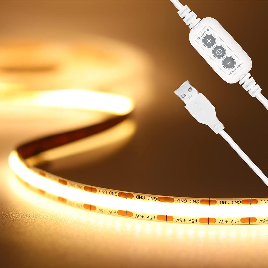 PAUTIX COB LED Strip Light 5V USB 9.84ft/3m 640LEDs 1200lm Dimmable LED Strip Light 3000K Warm White CRI90+ USB TV Backlight,Flexible Under Cabinet Tape Light for Bedroom,Kitchen,Home DIY Lighting