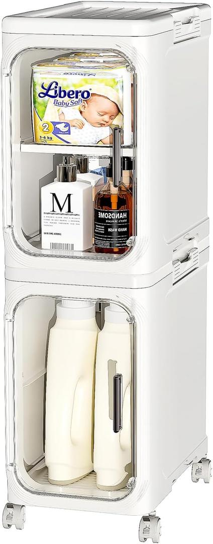 JOYZAN Narrow Bathroom Storage Cabinet with Movable Wheels, Slim Storage Cabinet with 2 Doors & Removable Panel, Skinny Bathroom Organizers and Storage for Small Space, Corner, Kitchen, Laundry, White