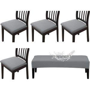 CALBODE Waterproof Seat Covers for Dining Room Chairs Set of 4 with Stretch Bench Slipcover Jacquard Chair Covers Removable Washable Kitchen Chair Seat Cushion Protector(Light Gray, 5 PCS)