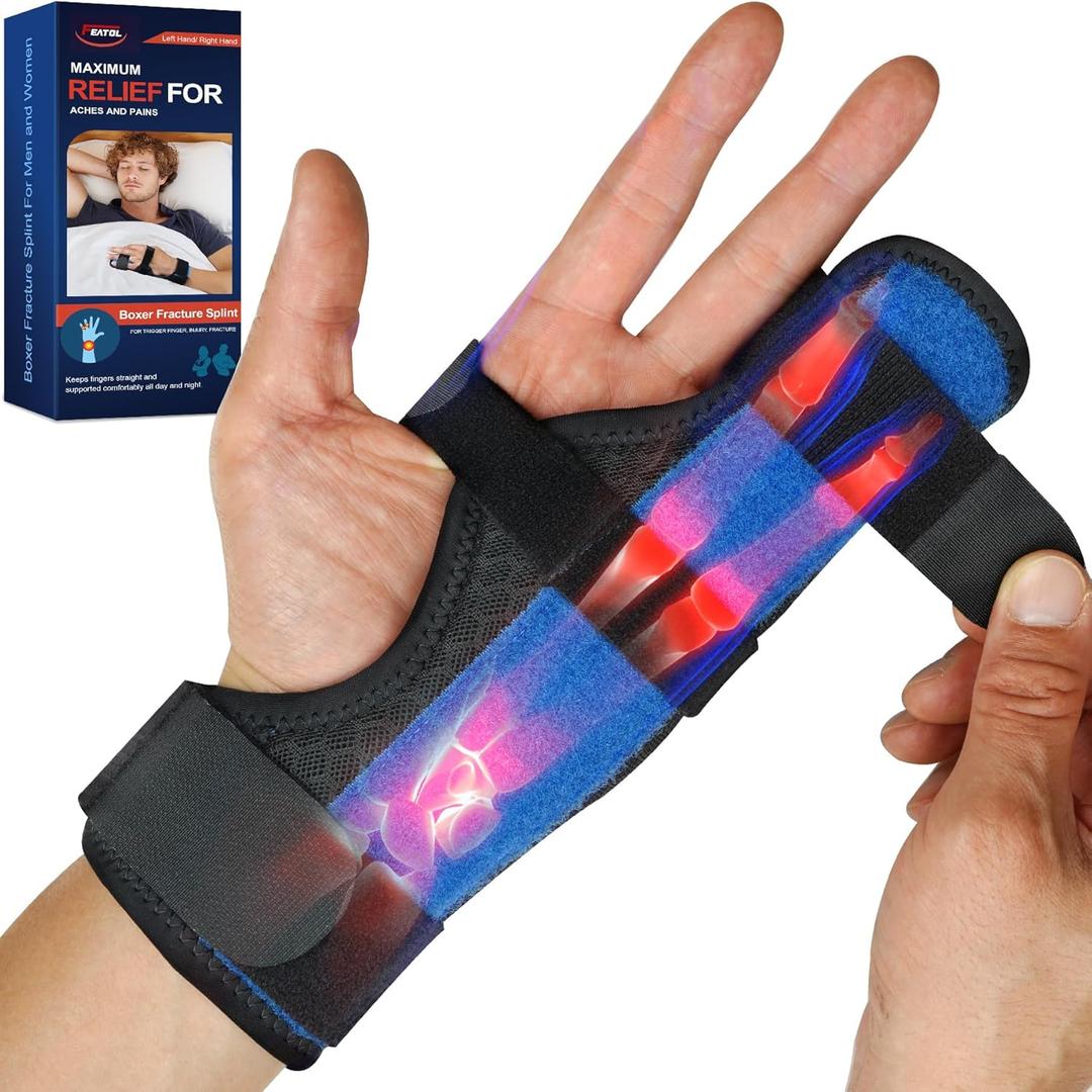FEATOL Boxer Finger Splint Metacarpal Splint Brace, Adjustable Pinky Hand Brace For Women Men, Pain Relief For Boxer Fractures, Broken Ring Finger, Tendonitis, (Left Hand -Black, Small)