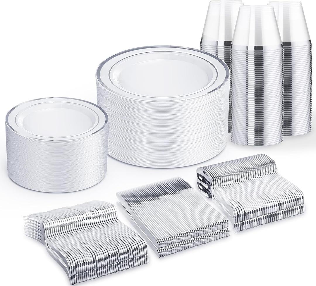 WELLIFE 450 PCS Silver Disposable Dinnerware Set for 75 Guests, Wedding Plates Silver Plastic Plates for Party, Including 75 Dinner Salad Plates, Cups, Forks Knives Spoons for Wedding and Party