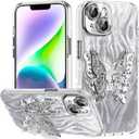 Compatible for iPhone 15 Case with Cute Butterfly Stand and Luxury Bling Camera Protection for Women Girls Aesthetic Glitter Slim Shockproof Protective Phone Case 6.1IN, Sliver