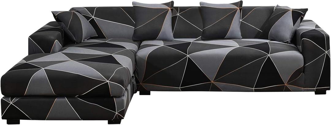 MIFXIN Sectional Sofa Cover 2 Piece Stretch 3 Seat L Shape Couch Slipcovers Elastic Printed Sectional Sofa Furniture Protector for Living Room with 4pcs Pillow Covers (Black Gray)