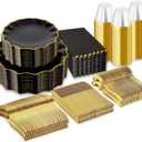I00000 350 PCS Black and Gold Plastic Plates for 50 Guests, Premium Scalloped Disposable Dinnerware Set Include: 100 Disposable Plate, 50 Napkins, 50 Cups, 50 Silverware Set for Party & Wedding