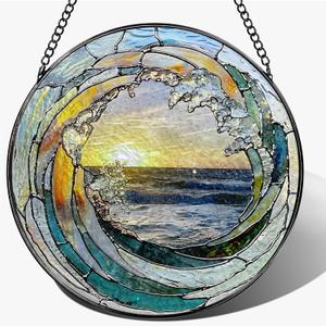 Stained Glass Window Hanging, 7.8" Ocean Wave Stained Glass Suncatcher, Sun Catchers for Window, Doors & Home Decor, Christmas, Mother's Day, Birthday, Sea Lover Gifts for Women, Men, Mom, Grandma