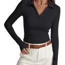 Prettywear Womens Long Sleeve Polo Shirts Business Casual Work Tops Blouse Fitted Collared V Neck Shirt 2025 Fall Clothes Black, L