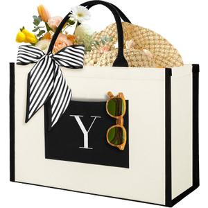 IDEATECH Canvas Tote Bag for Women, Personalized Birthday Gifts for Women, Monogram Beach Tote Bag Great for Wedding, Holiday