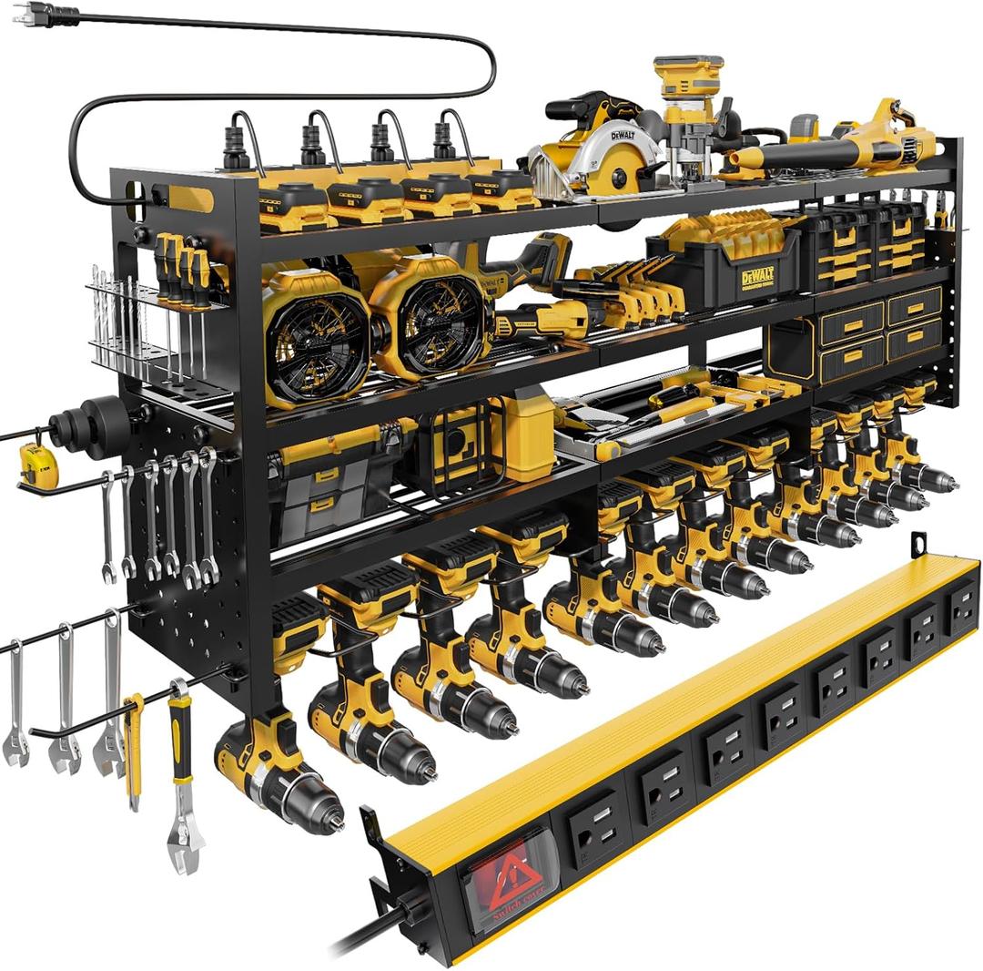 Power Tool Organizer Wall Mount | 8-Outlet TR Charging Station | Garage Storage Rack with Cordless Drill Holder | Heavy Duty Metal Shelf for Workshop Organization, 49''Width (POWER STATION)