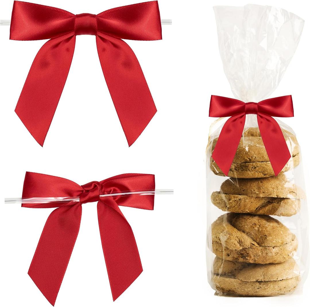 Red Twist Tie Bows for Treat Bags 3.5" Pre-Tied Satin Ribbon Bows for Gift Wrapping, Crafts, Party Favors, Wedding, Baby Shower Decorations (50 Pack)