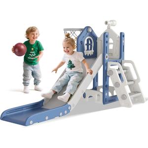 BIERUM 6 in 1 Toddler Slide - L-Shaped Baby Slide for Toddlers Aged 1-3 with Basketball Hoop, Telescope Toy and Anti-Slip Pads, Indoor Outdoor Toddler Playset, Blue Gray