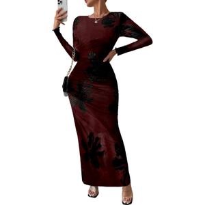 MARZXIN Women Long Sleeve Maxi Dress Bodycon Ruched Formal Slim Fit Tie Dye Dress Formal Mesh Dress (Red, M)