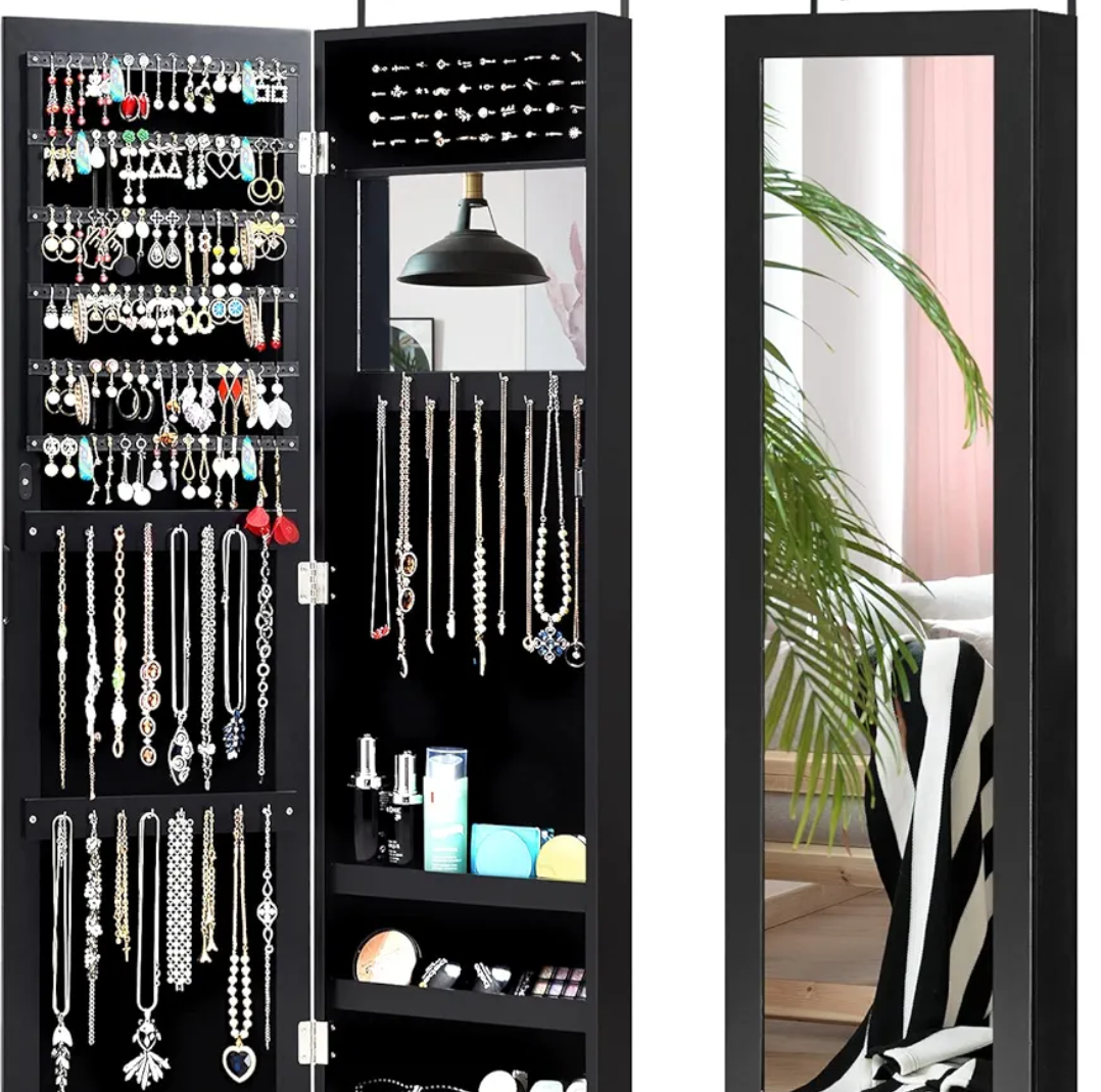 Full Length Mirror Jewelry Cabinet, Wall Door Mounted Jewelry Organizer with Makeup Mirror, Ring Slots & Necklace Hooks, Large Storage Jewelry Armoire for Bedroom, Dressing Room (Black)