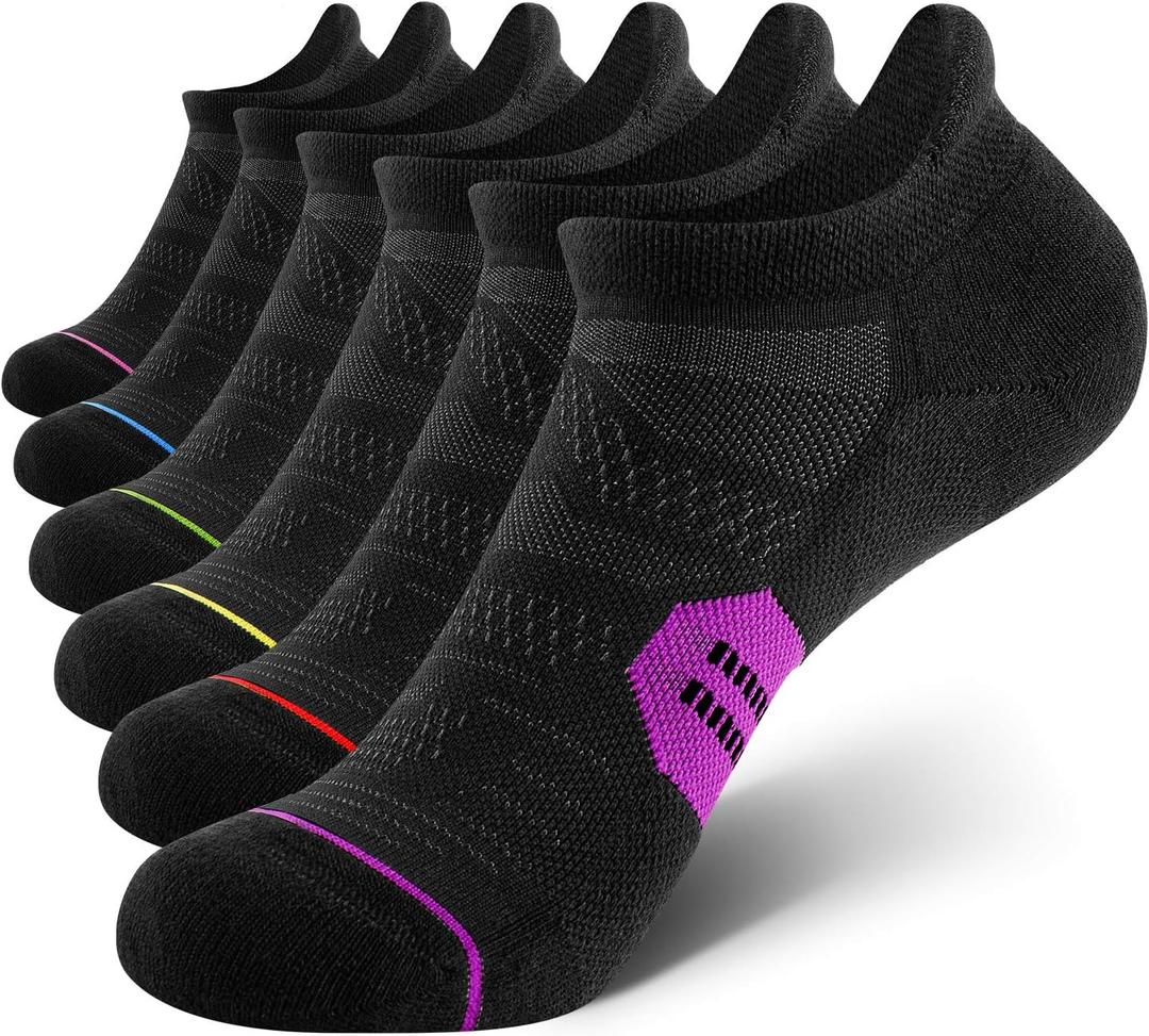 CS CELERSPORT 6 Pack Women's Ankle Running Socks Cushioned Low Cut Tab Athletic Socks (Black, S)