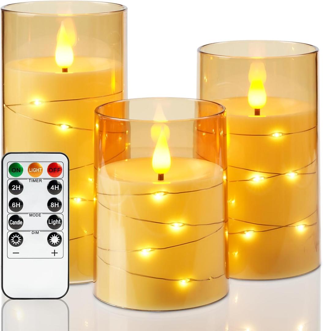 Amagic Flameless Candles 3 Set, Flickering Battery Operated Candles Embedded Fairy String Light, Realistic Pillar Candle with Remote Control and Timer, Acrylic Amber Gold, D3 x H4 5" 6"