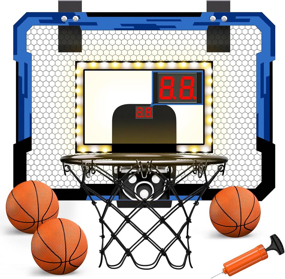 QDRAGON Mini Basketball Hoop, Over The Door Indoor, with 3 Balls/Inflator/Breakaway Rim, Basketball Toy Gifts for Kids and Adults, Suit for Bedroom/Office/Outdoor (Blue with scoreboard & Led)