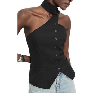 MakeMeChic Women's Backless Halter Tops Button Down Sleeveless Vest with Scarf (Large, Black)