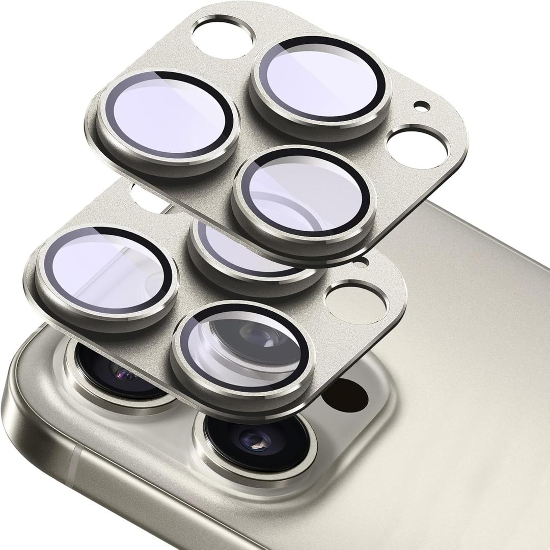 2-Pack Shatterproof Camera Lens Protector for iPhone 15 Pro/15 Pro Max |AR Tempered Glass Strong Adsorption Metal Camera Cover Screen(Titanium Grey)