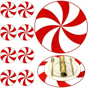 Preboun Christmas Placemats Set of 8 Embroidered Candy Round Placemats 15 Inch Washable Table Mats Sweet Candy Place Mats for Dining Table Home Xmas Kitchen Holiday Party Decorations, Red White