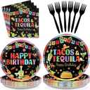 Grencian 96Pcs Birthday Party Supplies Mexican Fiesta Paper Plates and Napkins Mexican Colorful Stripe Disposable Tableware Set for Cinco De Mayo Birthday Party Decorations Serves 24